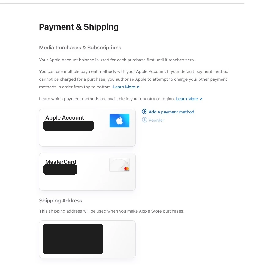 已脱敏的 Apple Account 余额及支付方式配置页面
