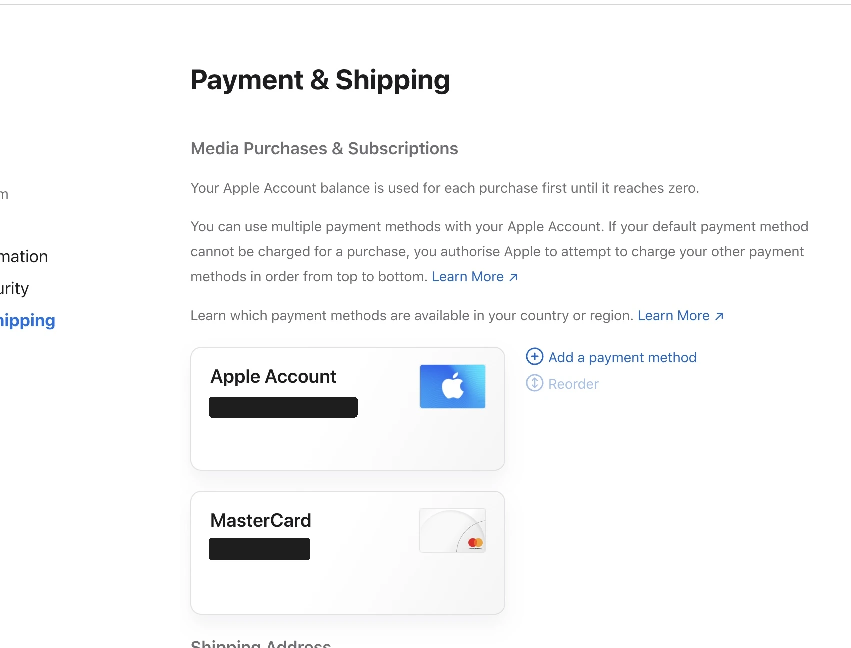 已脱敏的 Apple Account 余额与 MasterCard 支付方式页面